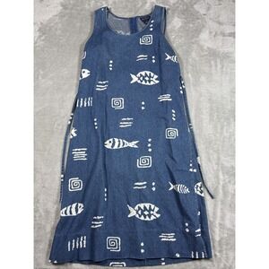 Denim Boho Dress Womens Large Midi Prairie Midwest House Sleeveless Fish Summer